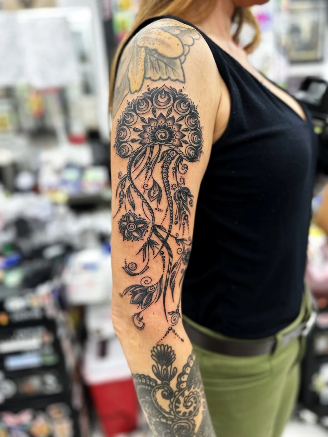 Black & Grey mandala jellyfish with vines tattoo on shoulder by 2bit (Chris Curren) at Lost at Sea Tattoo, Chinatown, Honolulu