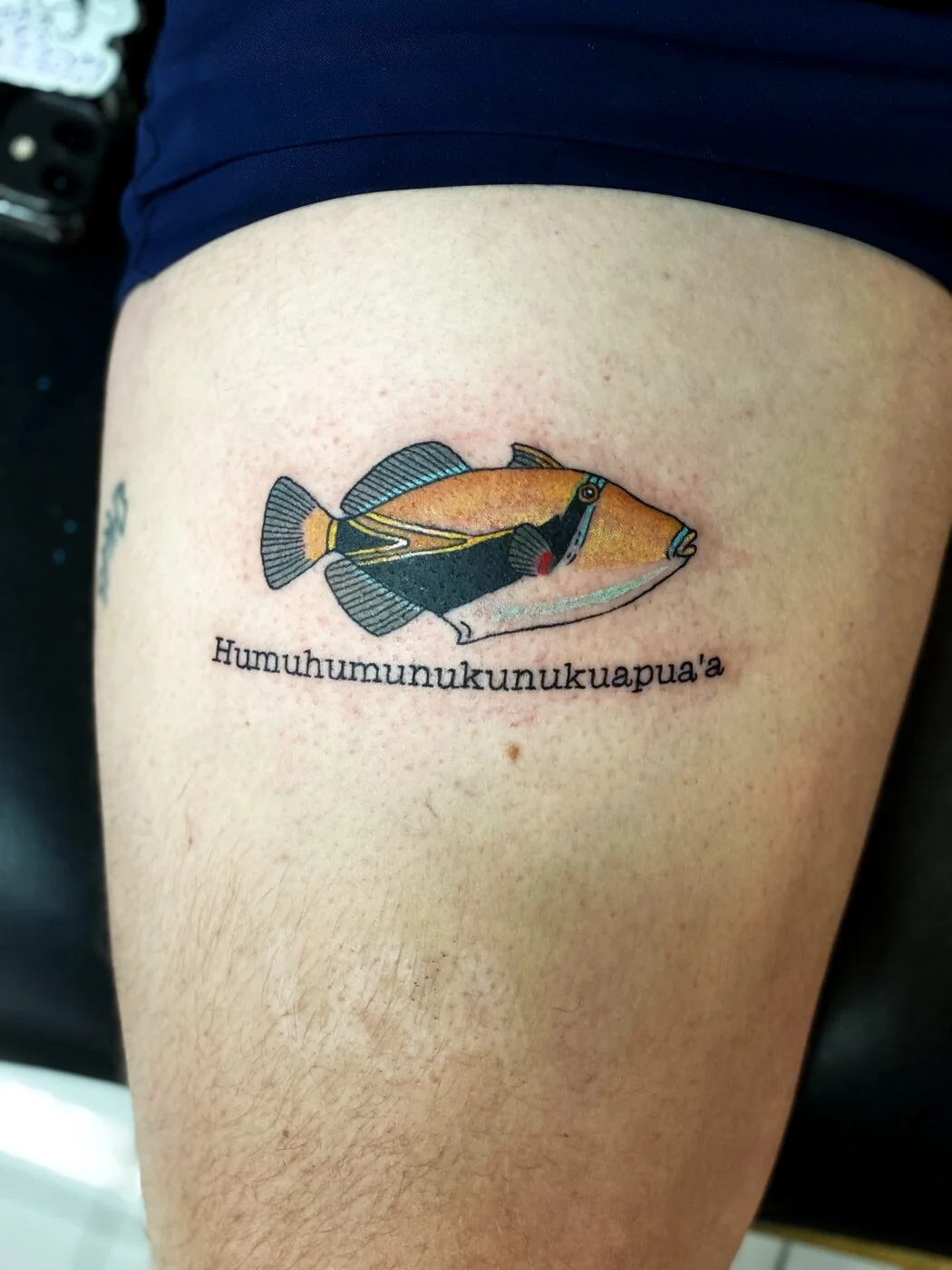 Color Realism Hawaiian humuhumunukunukuapua'a state fish tattoo on thigh by 2bit (Chris Curren) at Lost at Sea Tattoo, Chinatown, Honolulu