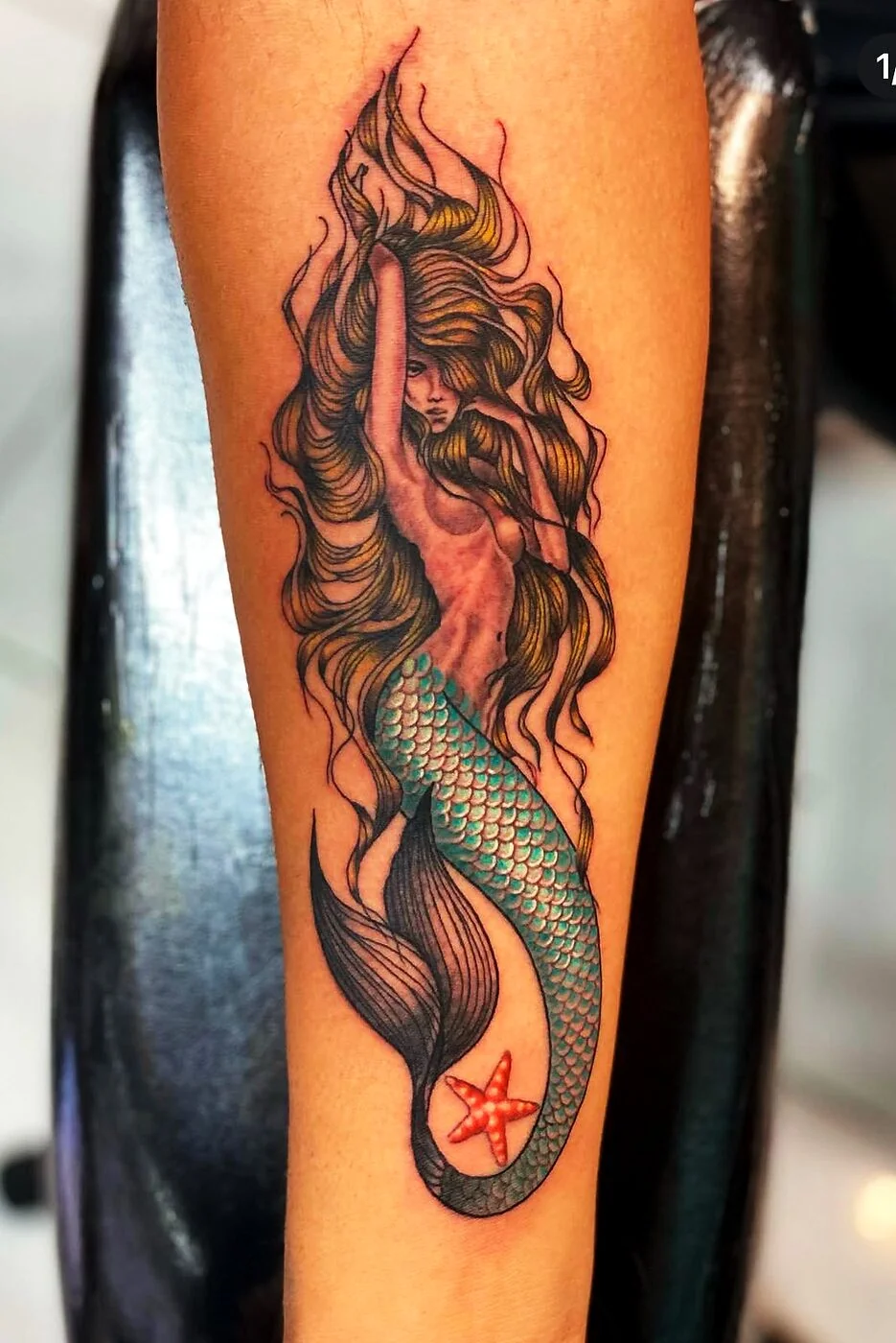 Neo-Traditional mermaid with flowing hair tattoo on forearm by 2bit (Chris Curren) at Lost at Sea Tattoo, Chinatown, Honolulu